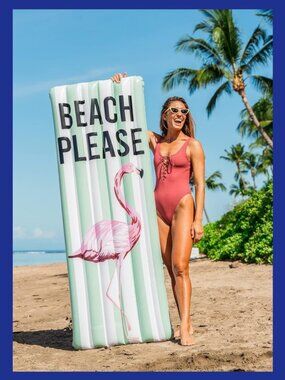 NIB Flamingo 'BEACH PLEASE' Deluxe Pool Raft / Float by PoolCandy-Over 6ft Long!